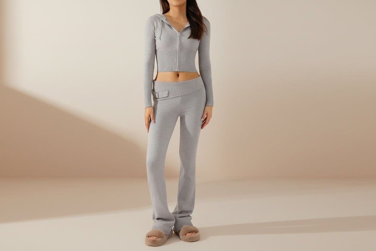 Women’s Knitted Hooded Two-Piece Set – Cardigan & High-Waisted Pants Suit - FitiqueFit