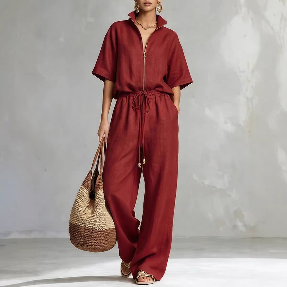 Womens Casual Loose Solid-Color Zip-Up Crew-Neck Wide-Leg Pants Set 