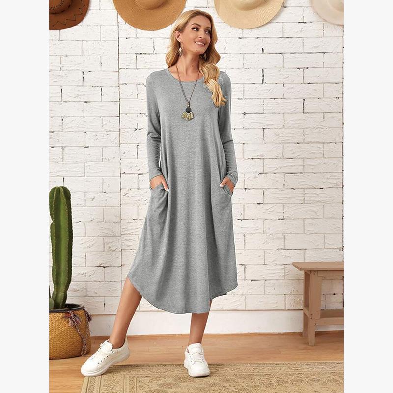 Womens Solid-Color Casual Long-Sleeve Dress 