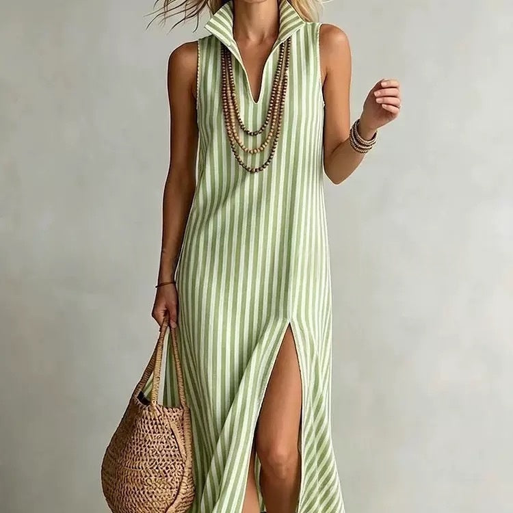 Seasonal New Womens Striped Stand Collar Side-Slit Camisole Dress 