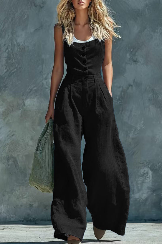 2026 European And American Cross-border Foreign Trade New Style Retro Button Front Opening High Waist Wide Leg Jumpsuit 