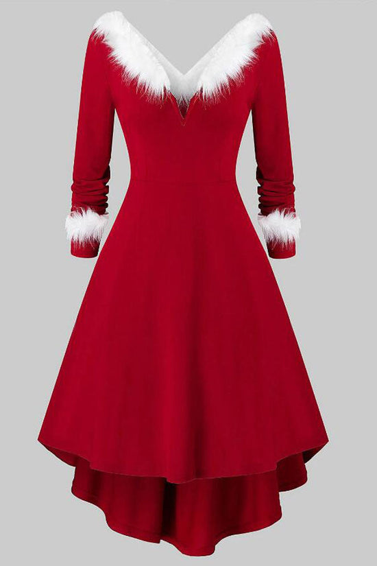 Christmas Women's Fur Patchwork V-neck Long Sleeved Dress CJ