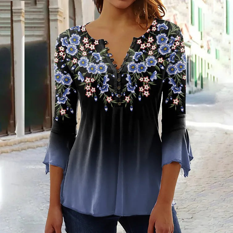 Women’s V-Neck 3/4 Sleeve Button-Front Tunic Blouse 