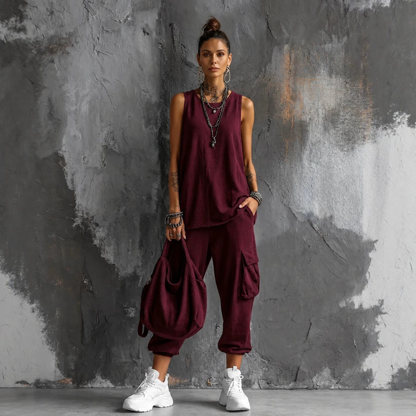 Womens Sleeveless Top Ankle-Fit Pants Set 