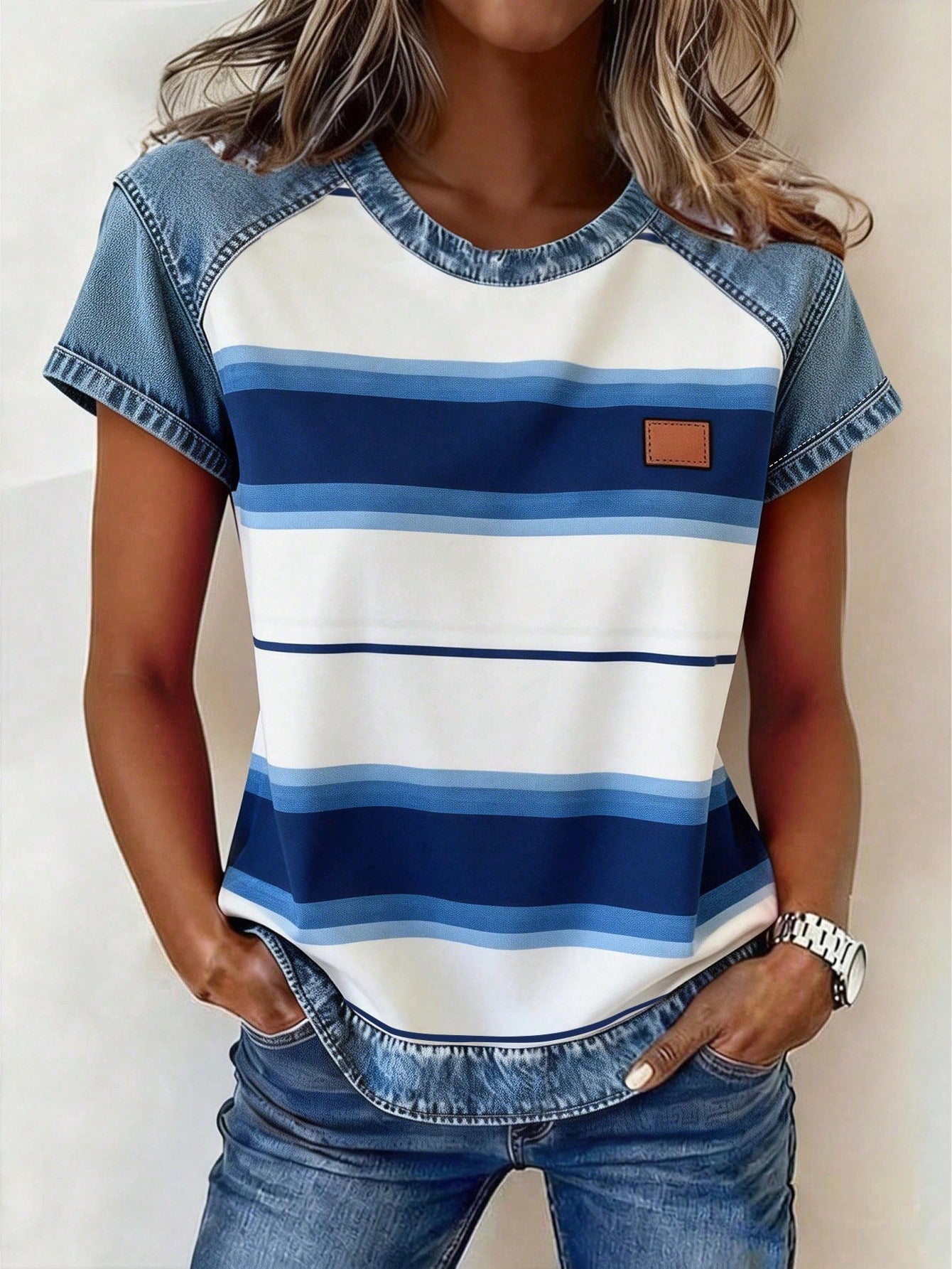Women's Retro Denim Patchwork Short-Sleeve Shirt – Loose Fit 