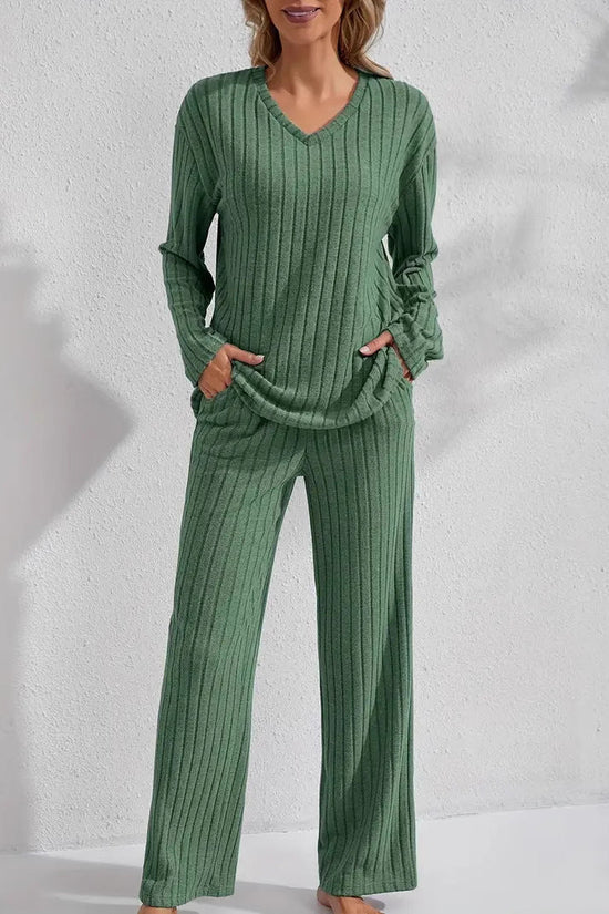 Ribbed Long-Sleeve Top And Pants Casual Comfortable Womens Loungewear Set 