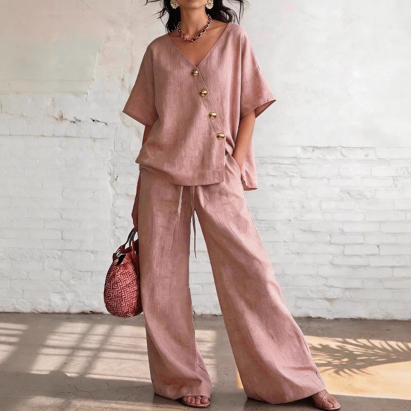 Casual Vacation Loose Cotton-Linen V-Neck Wide-Leg Pants Two-Piece Set 