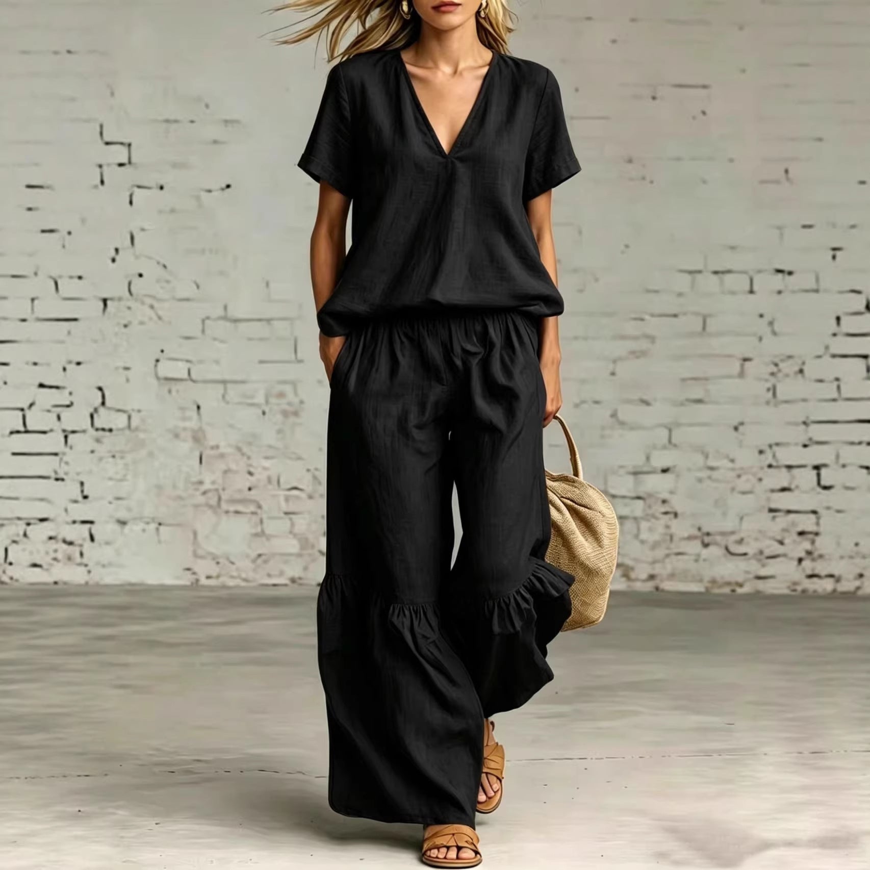 Womens Casual Solid Color V-Neck Loose Short-Sleeve Pants Set 