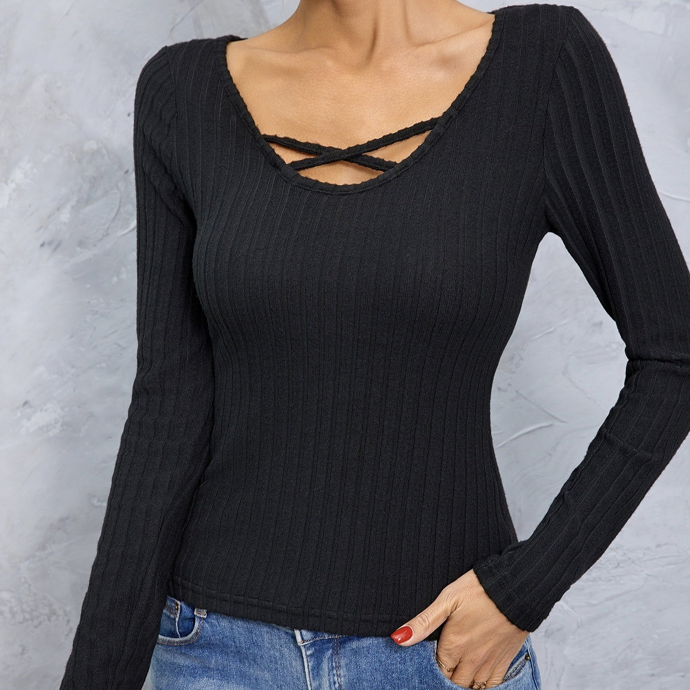 Cross‑collar long sleeve slim tee CJ US