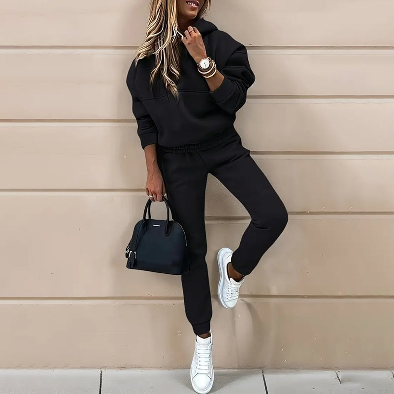 Women's Casual 2-Piece Tracksuit, Solid Color Hooded Sweatshirt And Slim Fit Jogger Pants For Autumn And Winter Diversi Fashion™