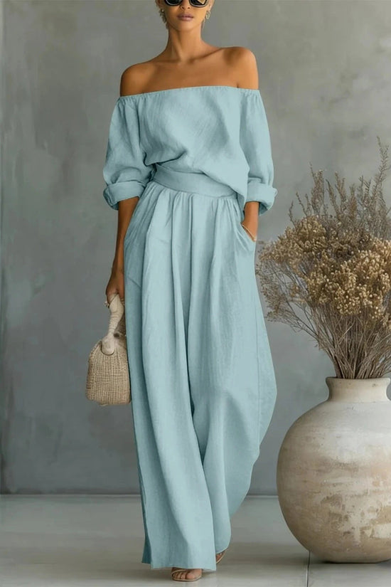 Casual Two-Piece Womens Outfit Off-Shoulder Top And Wide-Leg Pants Set 