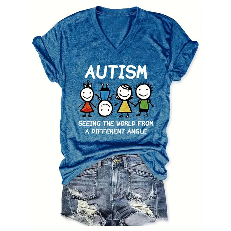 V-Neck 'AUTISM' Letters & Cartoon Children Print Tee CJ US