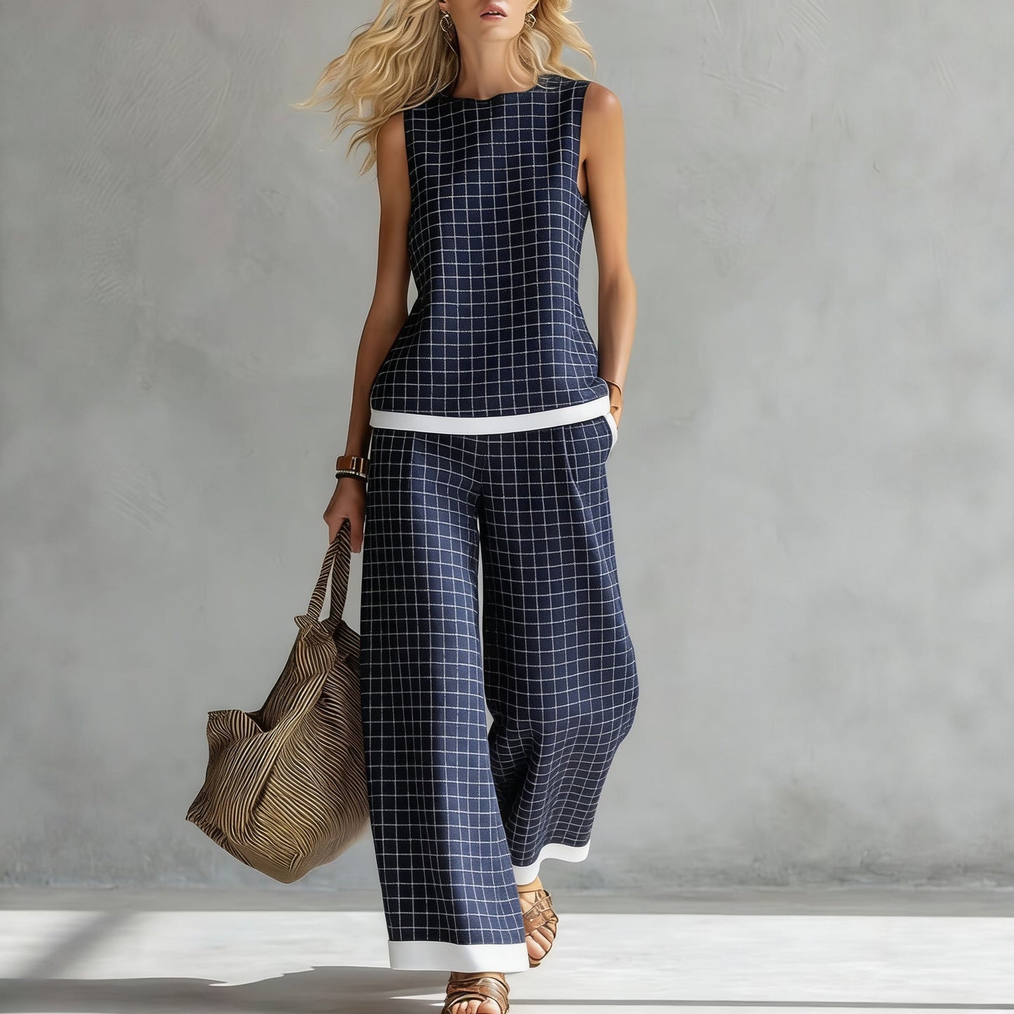 Women's Casual Sleeveless Printed Wide-Leg Pants Two-Piece Set 