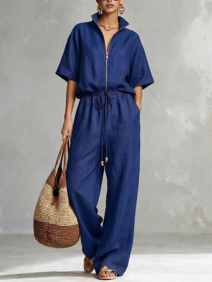 Womens Casual Loose Solid-Color Zip-Up Crew-Neck Wide-Leg Pants Set 