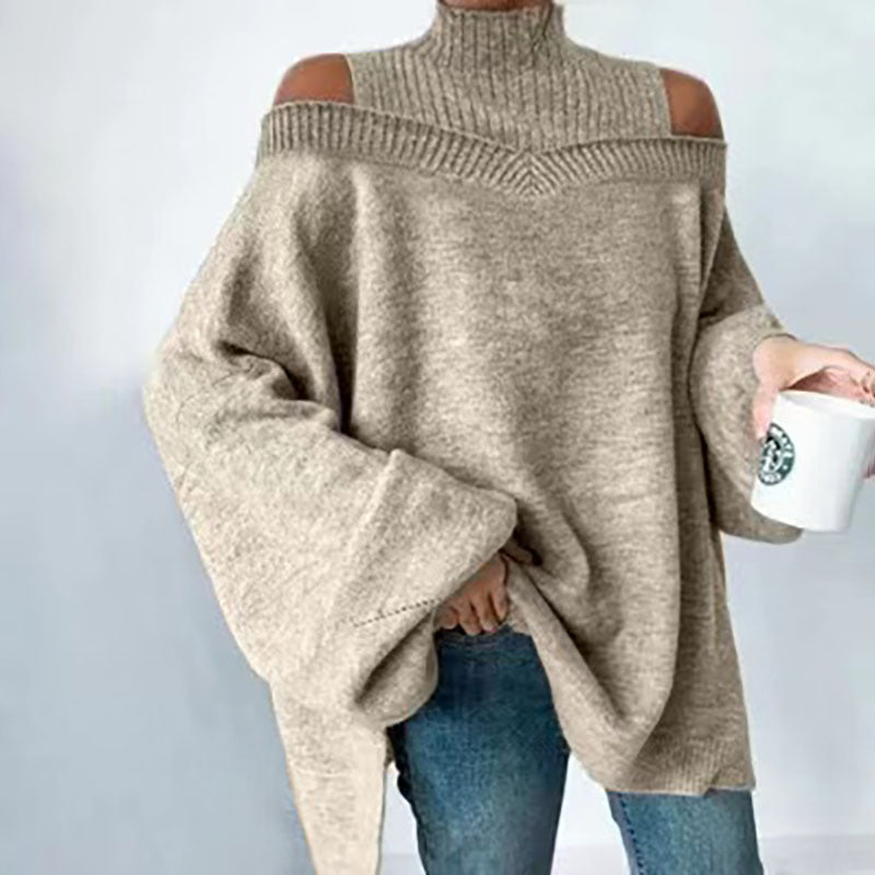 Women’s Elegant Off-Shoulder Turtleneck Sweater — Long Sleeve Knit Top 