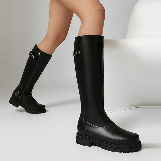 Womens Retro British-Style Leather Belt-Buckle Riding Boots 