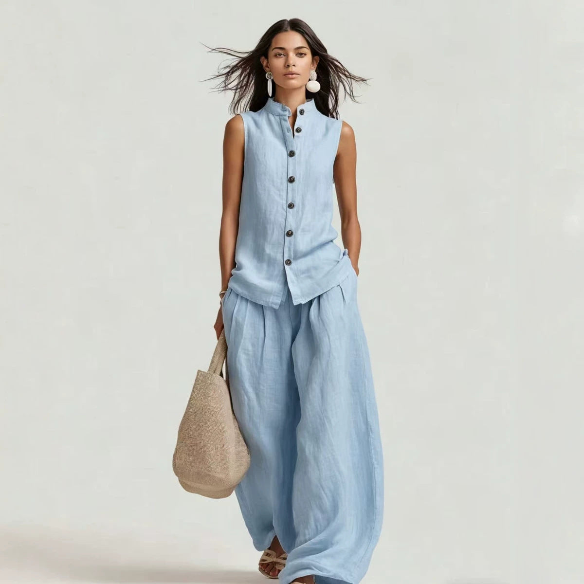 Stand-up Collar Sleeveless Shirt And High-waisted Wide-leg Pants Set 
