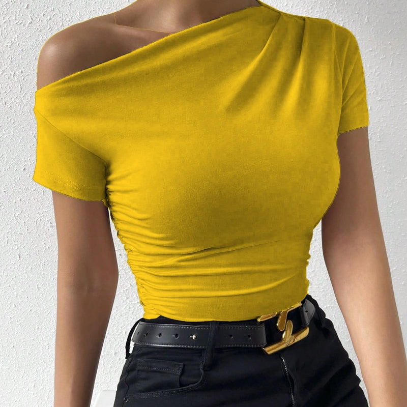Women’s Y2K Ruched One-Shoulder Summer Top – Slim Fit Asymmetrical Shirt 