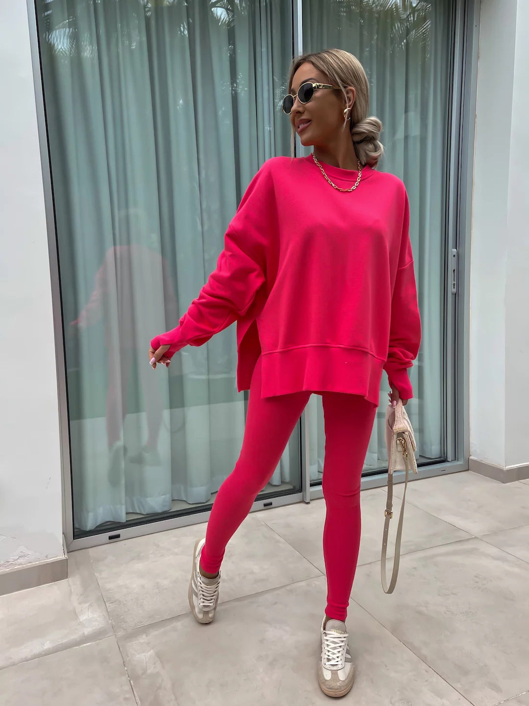 Sweater Suit Women's Casual Loose Long Sleeve Crew Neck Split Top Tight Trousers 