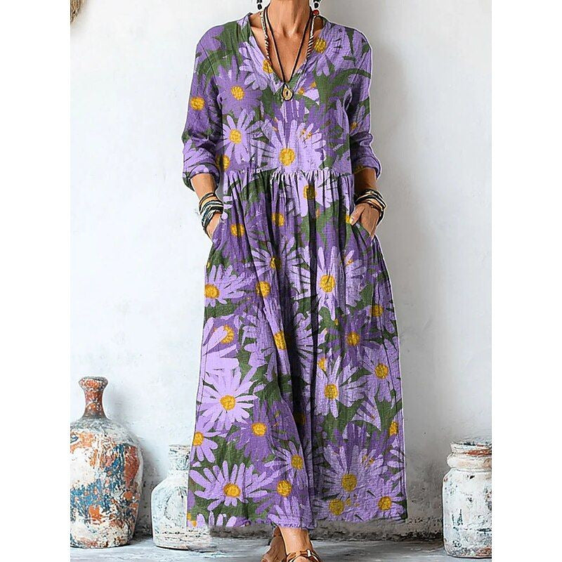 Personalized Retro Chic V-Neck Long-Sleeve Dress 