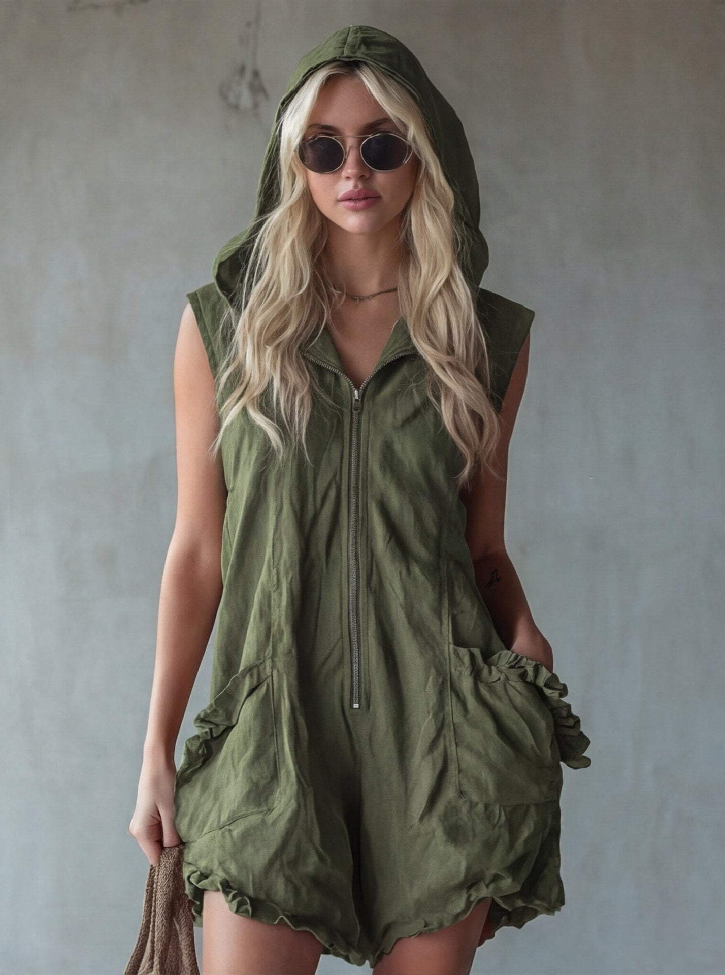 Retro-style Hooded Zip-up Sleeveless Cropped Cotton-linen Jumpsuit 