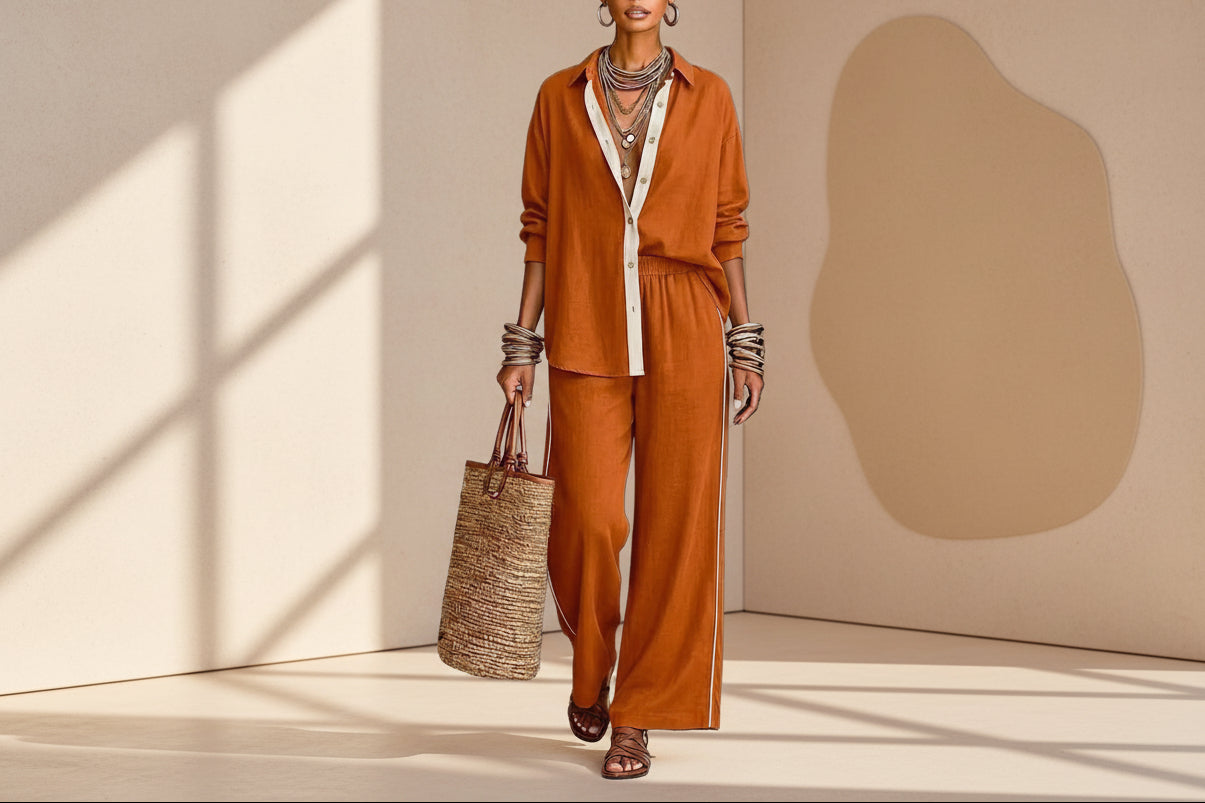 Contrast-color Casual Solid-color Loose Pants Two-piece Set 