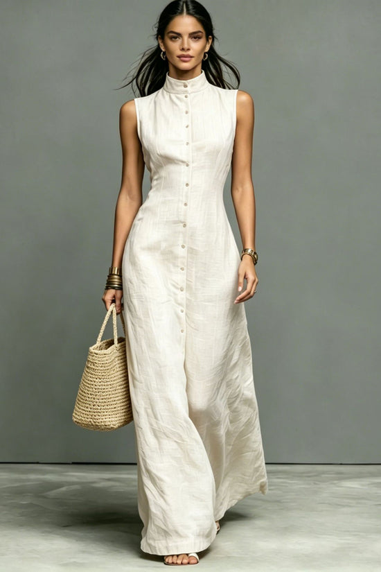 Blended Fabric Stand-up Collar Single-breasted Sleeveless Maxi Dress 