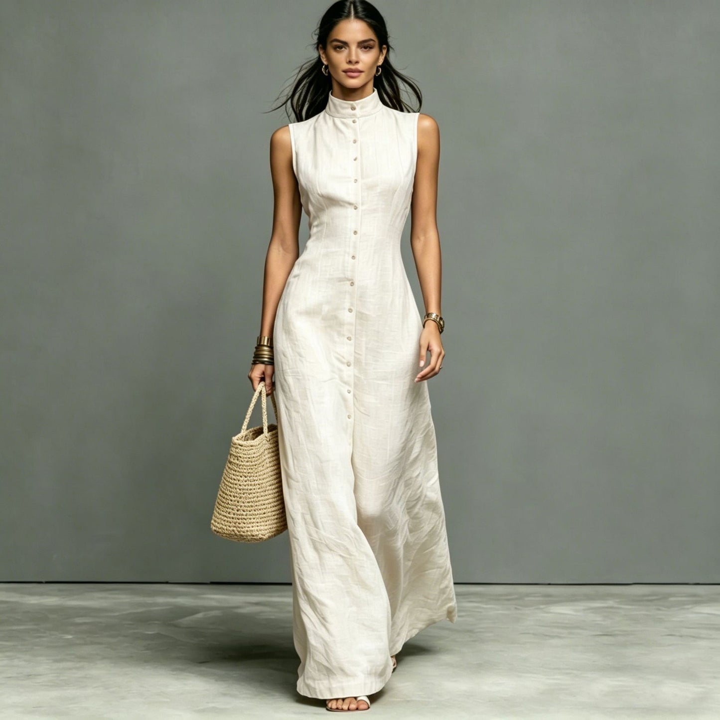 Blended Fabric Stand-up Collar Single-breasted Sleeveless Maxi Dress 