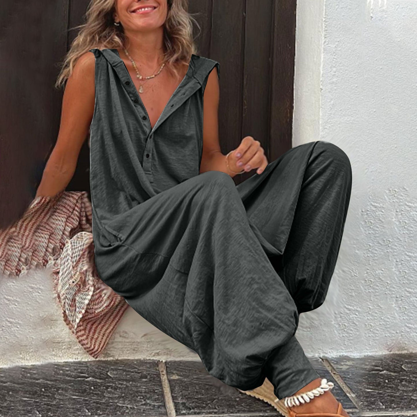 Buttoned Hooded Sleeveless Pants For Women 