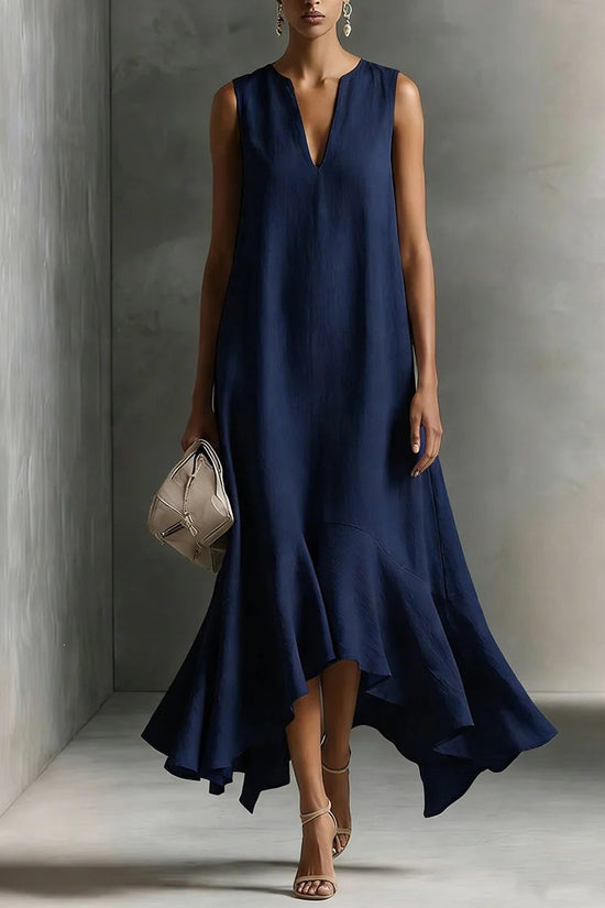 New Stylish Deep V-Neck Sleeveless Elegant Asymmetrical Hemline Dress 