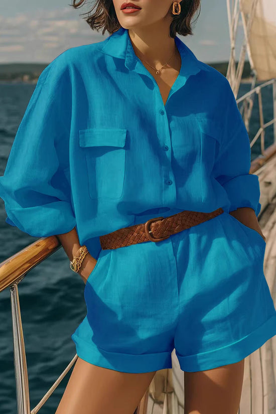 Cotton-linen Loose-fit Button-down Shirt And Shorts Fashion Casual Set 