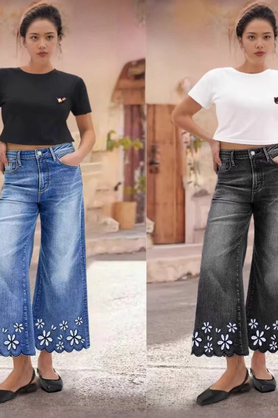 Chrysanthemum Embroidered Casual Stretch Womens Cropped Denim Jeans 