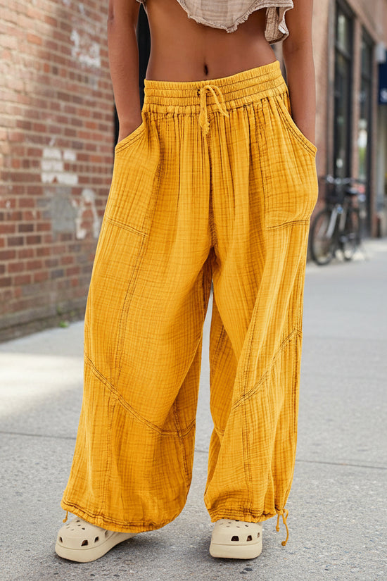 Fashionable Solid-Colored Wide-Leg Pants With Ties And Pockets Long Pants 