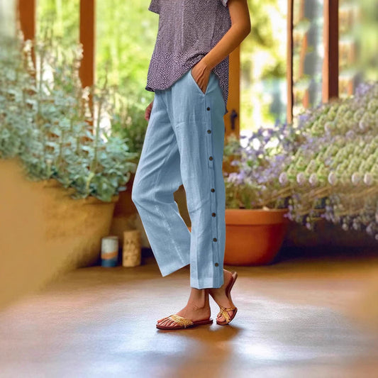 Cropped Pants With Decorative Buttons Along The Side Seams 