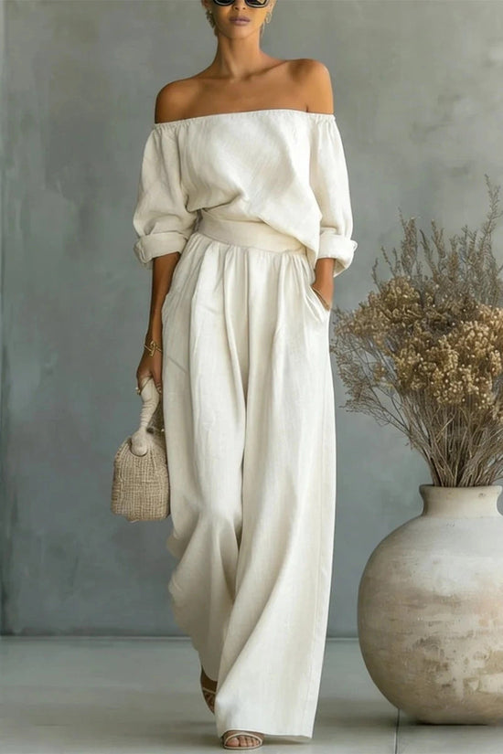 Casual Two-Piece Womens Outfit Off-Shoulder Top And Wide-Leg Pants Set 