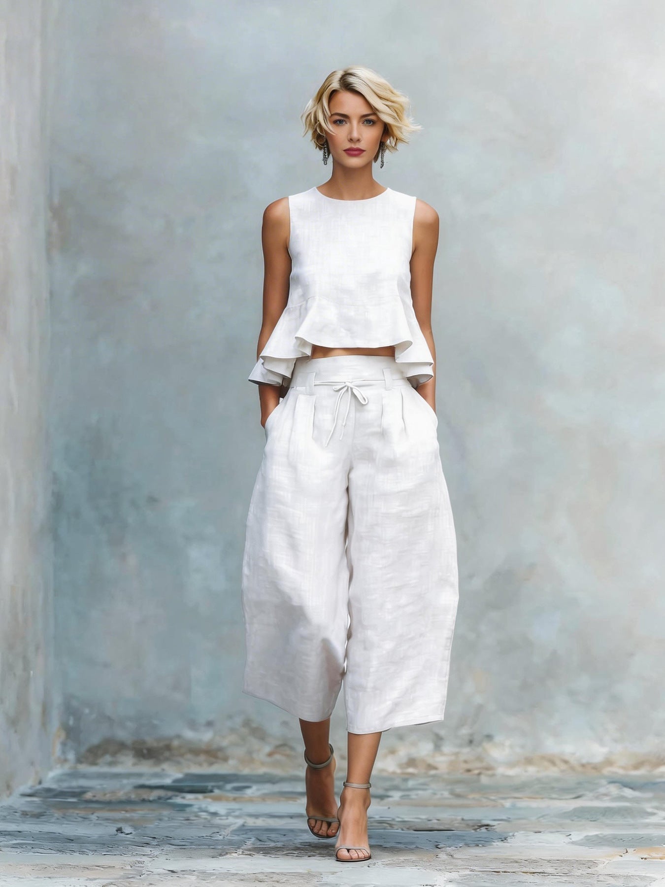 Womens Linen-blend Two-piece Set With Ruffled Detailing 