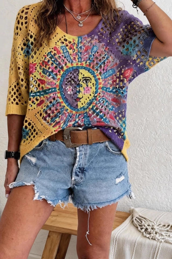Womens Hollowed-Out Batwing-Sleeve Sweater With 3D Knitted Print 