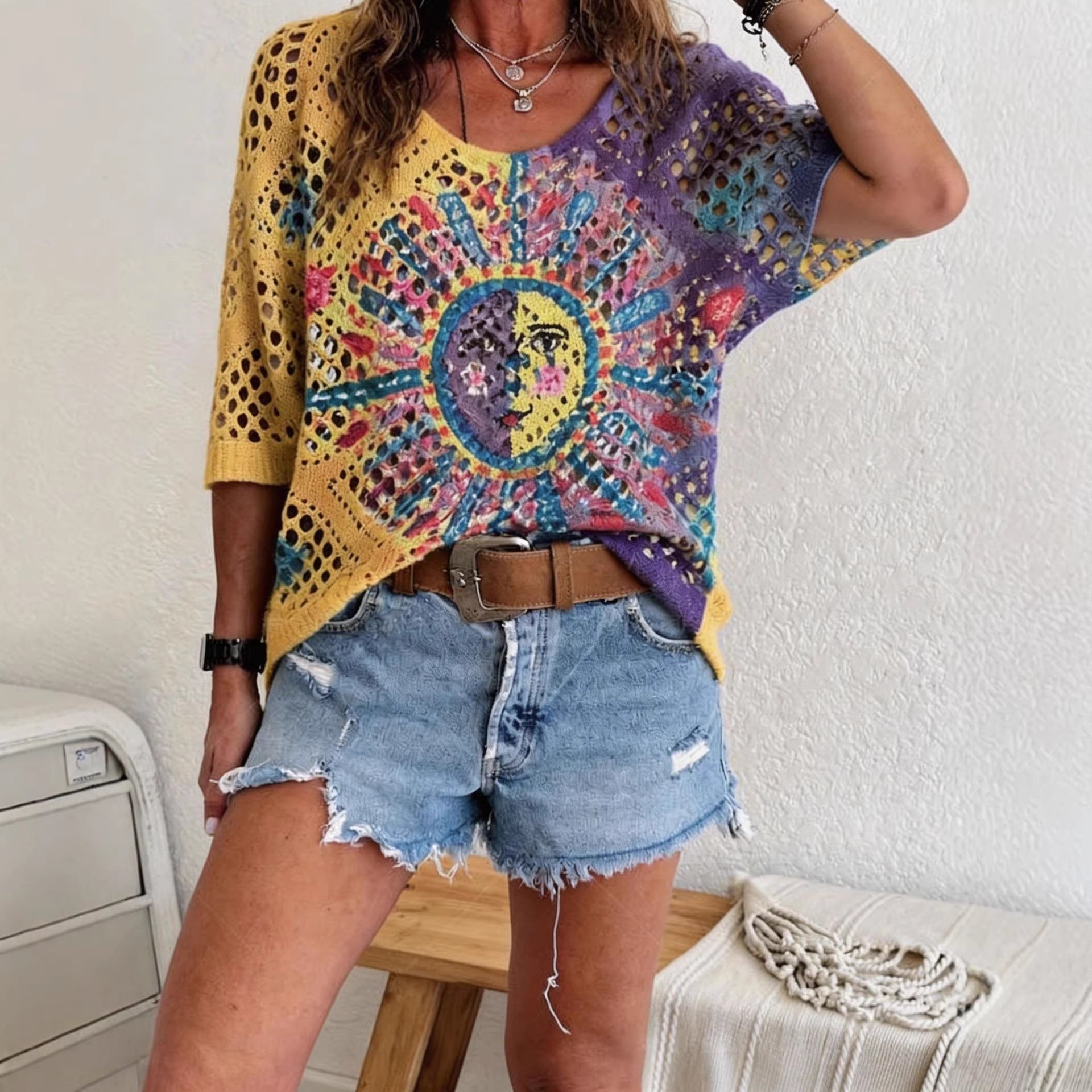Womens Hollowed-Out Batwing-Sleeve Sweater With 3D Knitted Print 