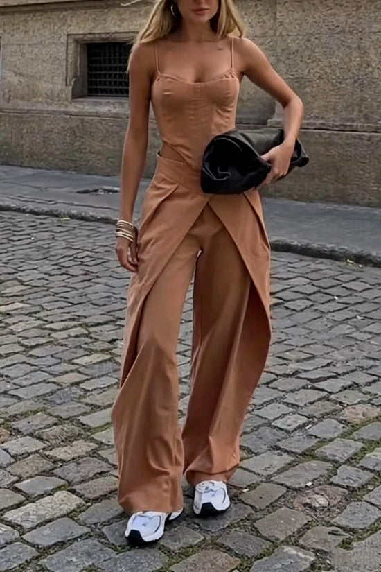 Women's Camel 2-Piece Set - Spaghetti Strap Corset Top & Wrap Waist Wide Leg Pants 