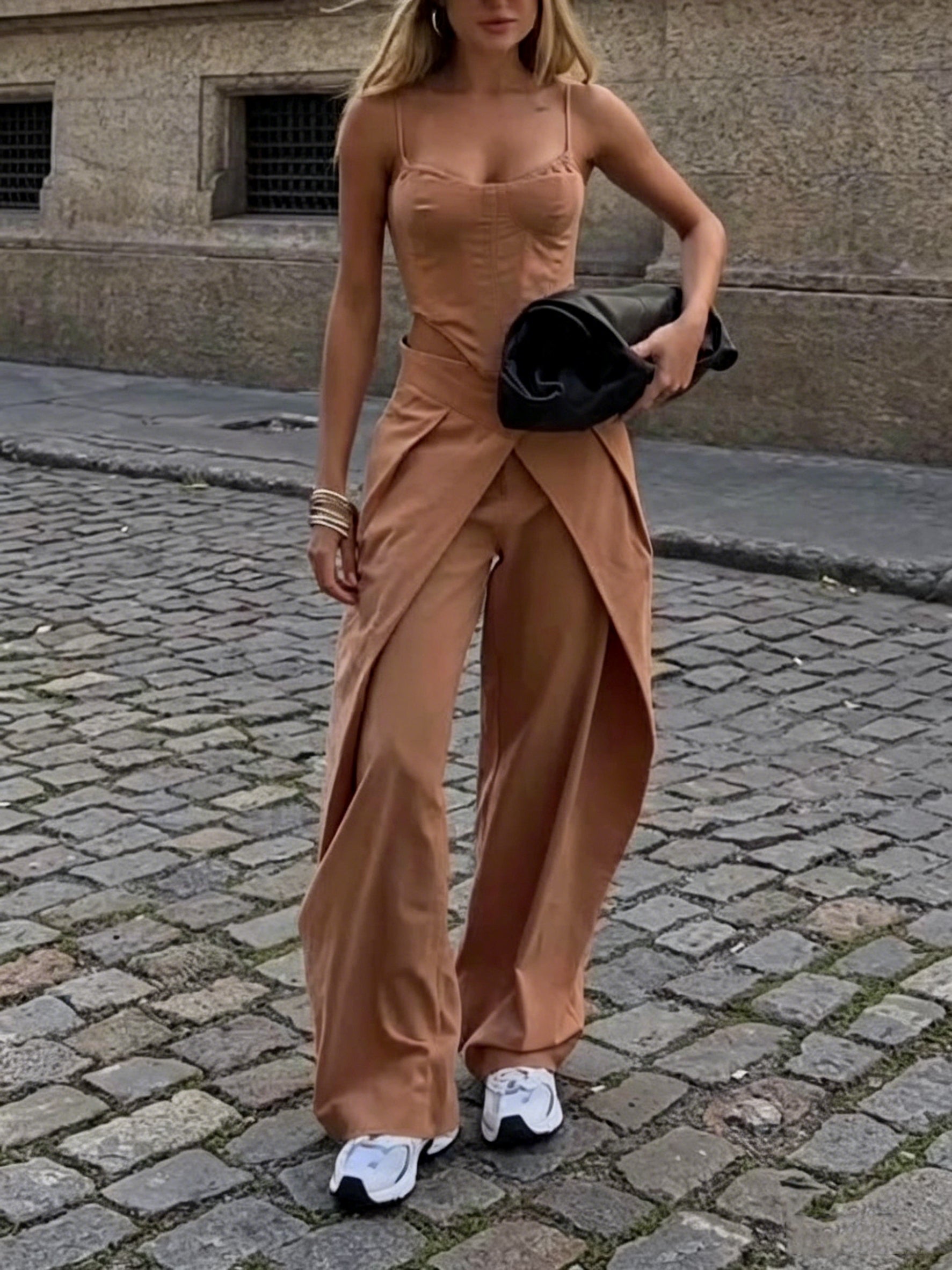 Women's Camel 2-Piece Set - Spaghetti Strap Corset Top & Wrap Waist Wide Leg Pants 