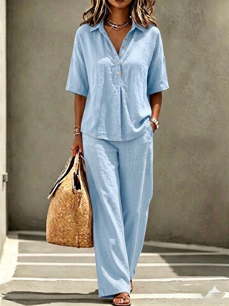 Womens Polo-Neck Button-Up Top And Wide-Leg Pants Two-Piece Set 