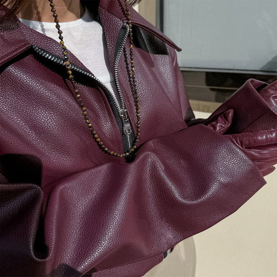 Vintage Style Women's Solid Color Faux Leather Jacket, Zip-Up Biker Jacket With Lapel Collar Casual Coat CJ US