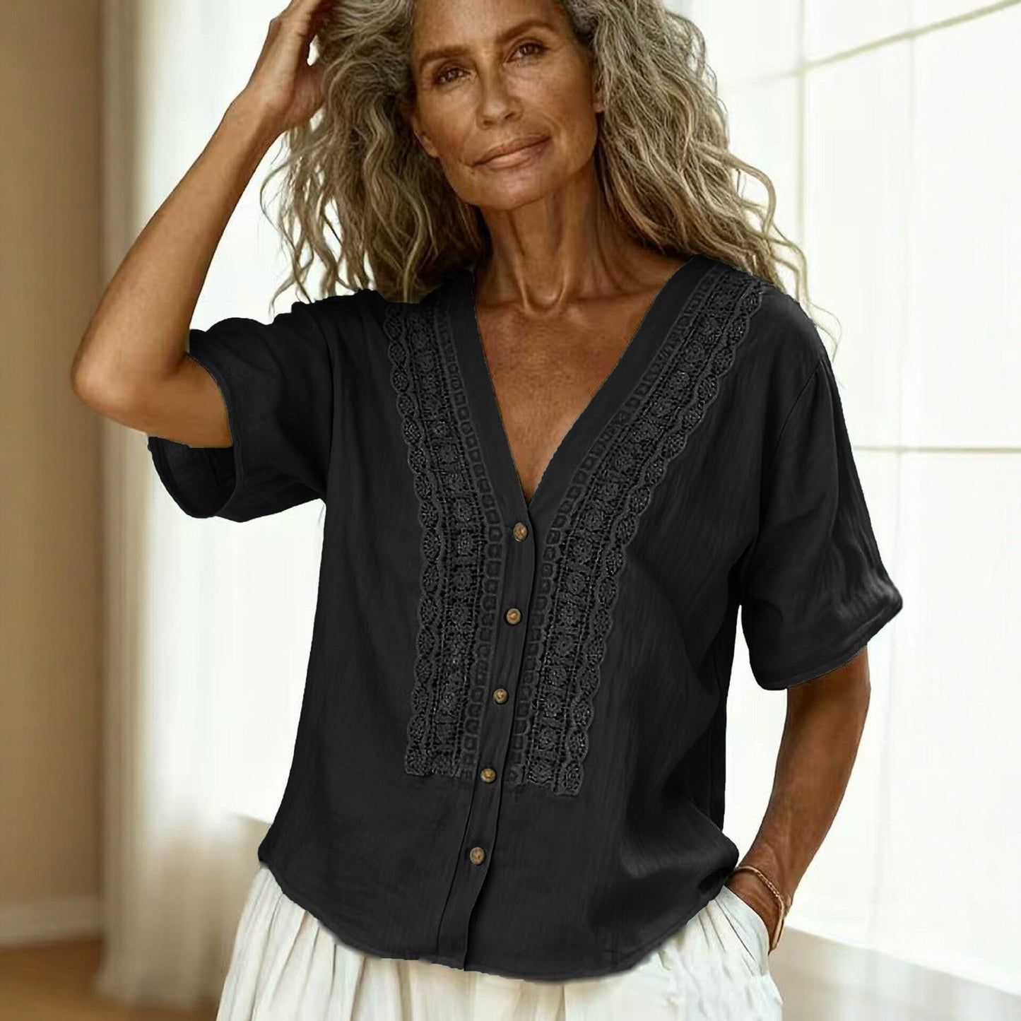 Loose-fit Faux Linen Embroidered Button-up Top 