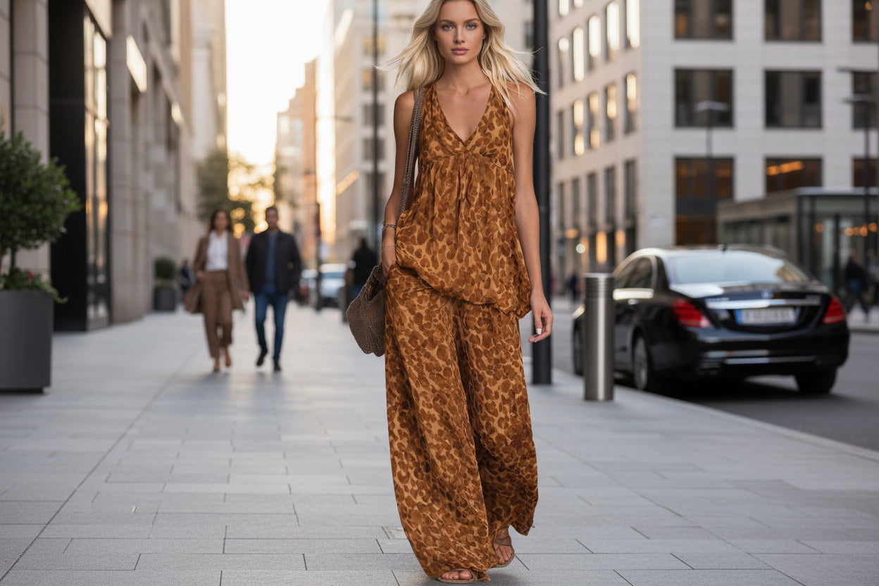 Womens Loose-Fitting Leopard-Print Sleeveless Top And Chiffon Pants Set 