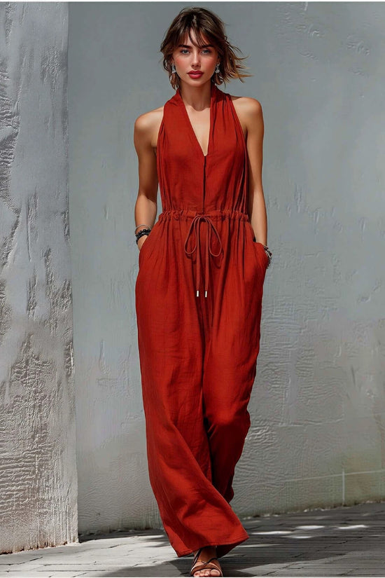Womens Sleeveless Solid-Color Long Holiday Jumpsuit 