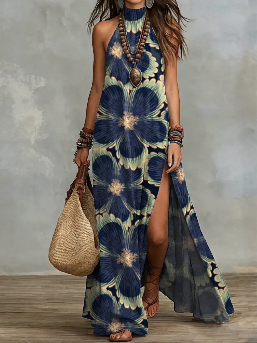 Split Sleeveless Multicolored Printed Maxi Dress 