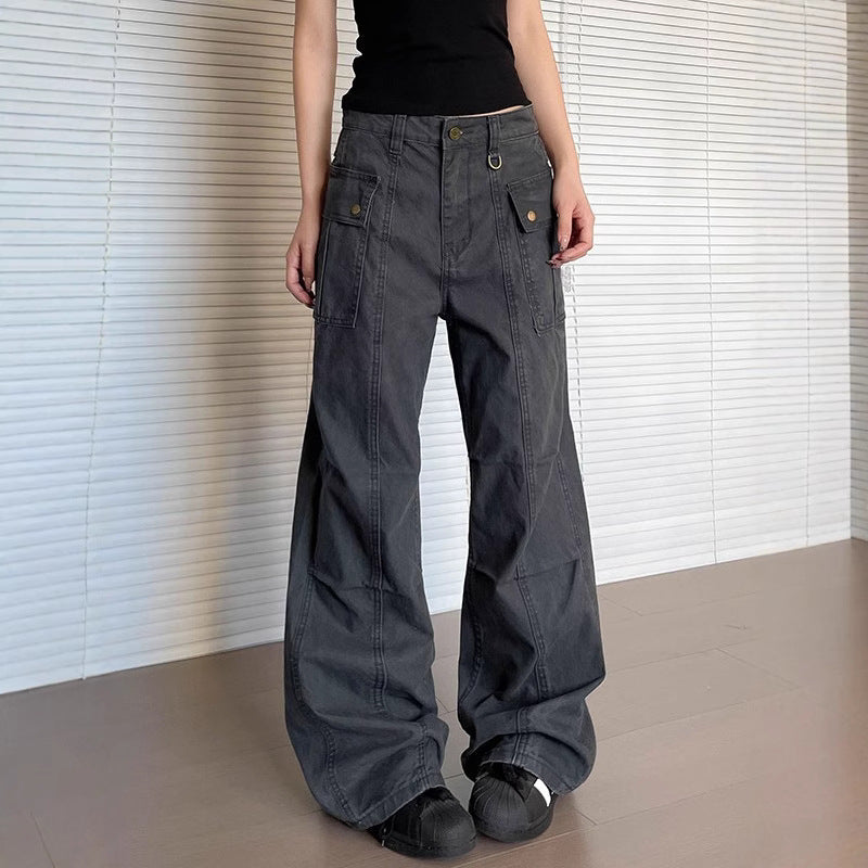 Womens Straight-Leg, Slightly Flared, 3D Slimming Washed Casual All-Match Long Pants 