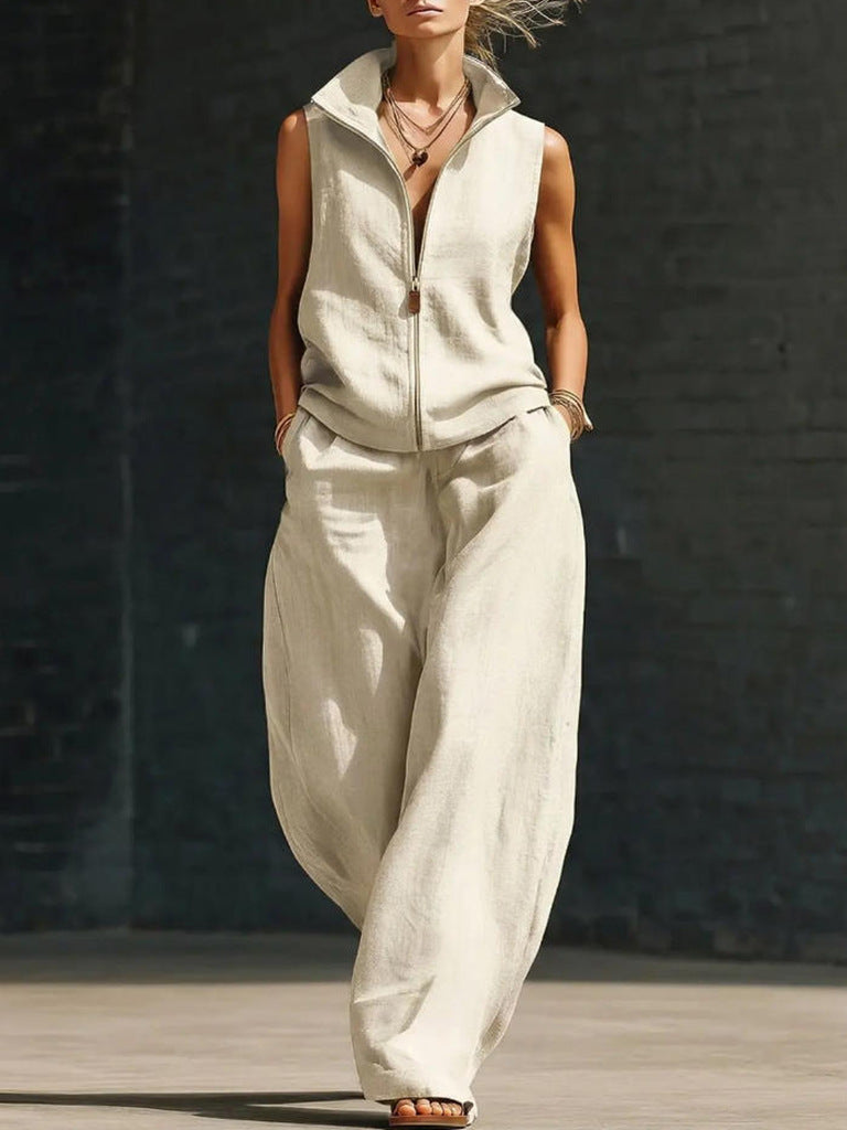Sleeveless Stand Collar Zippered Linen Cotton Two-Piece Set 
