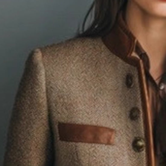Women's Retro Elegant Jacket, Color-Block Button Front Coat With Stand Collar For Casual And Formal Wear 