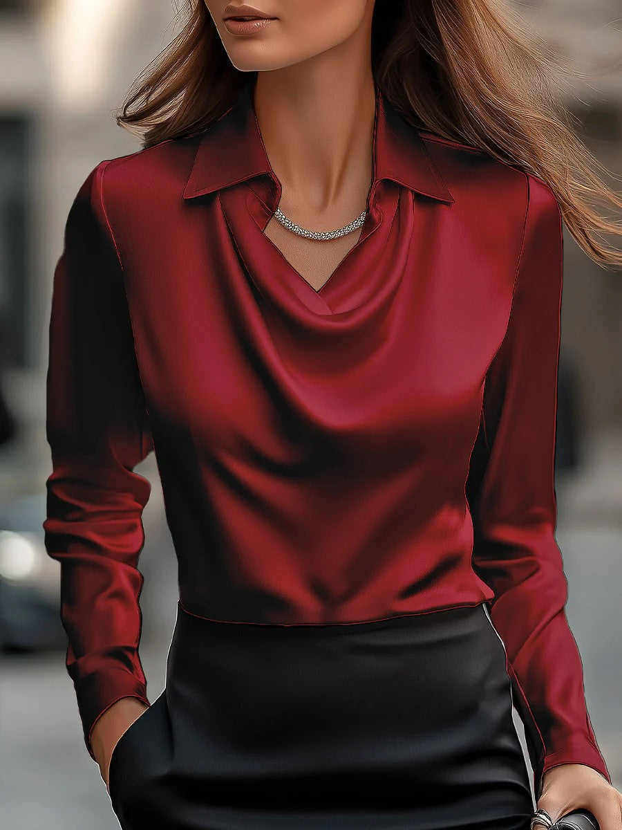 Spring And Autumn Temperament Long Sleeve Satin Swing Collar Top Shirt For Women 